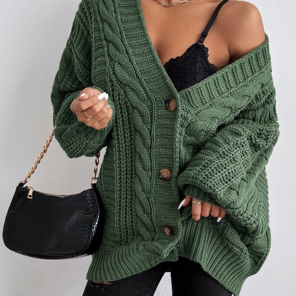 Olive Green Casual Womens Solid Button Front Cable Knit Cardigan - Picture 4 of 5